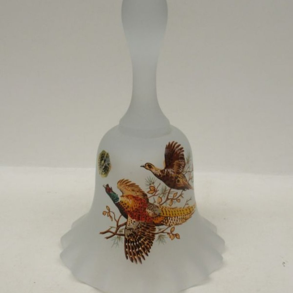 Westmoreland Glass Crystal Mist FLYING PHEASANTS 6 Inch Bell, Original Label